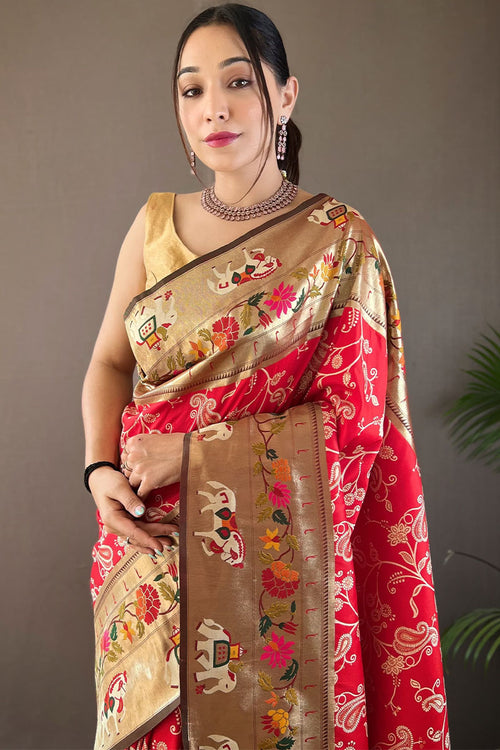 Load image into Gallery viewer, Stunning Red Paithani Silk Saree With Deserving Blouse Piece
