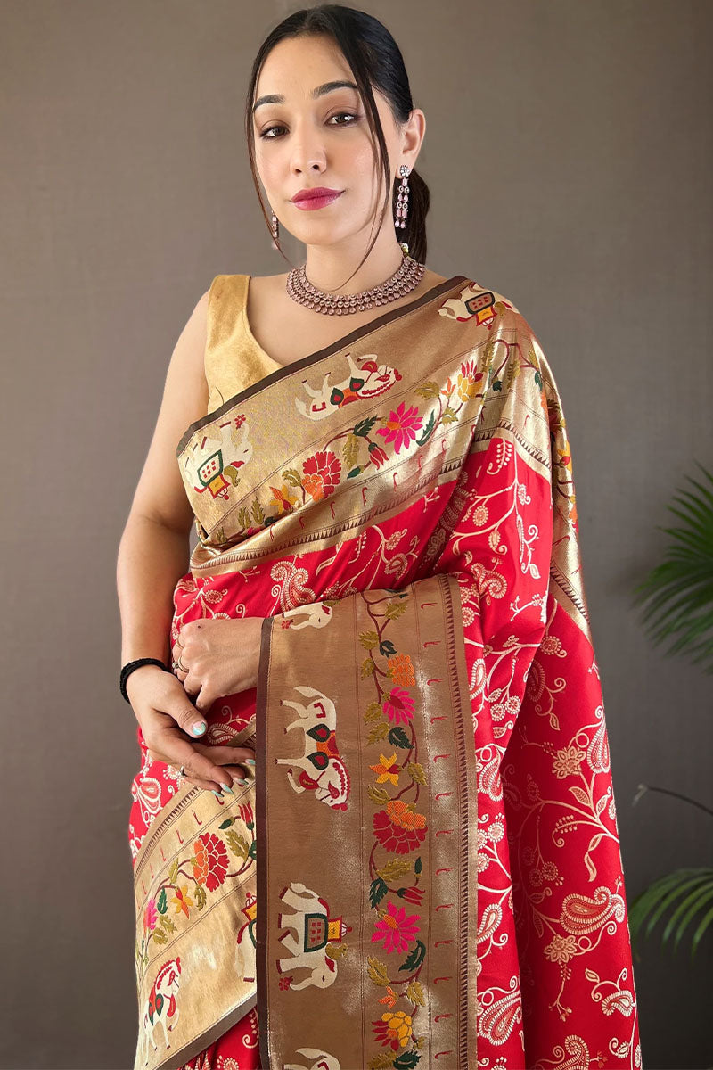 Stunning Red Paithani Silk Saree With Deserving Blouse Piece