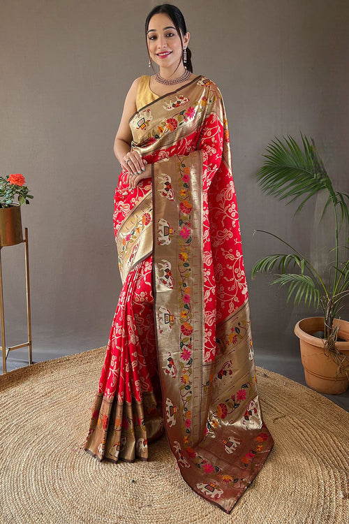 Load image into Gallery viewer, Stunning Red Paithani Silk Saree With Deserving Blouse Piece
