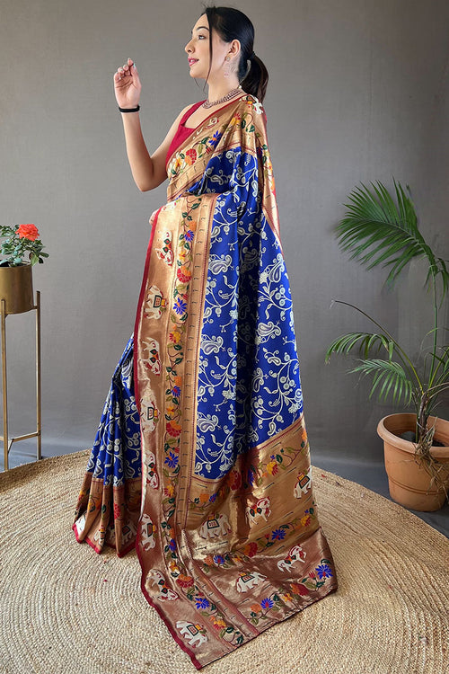 Load image into Gallery viewer, Captivating Royal Blue Paithani Silk Saree With Impressive Blouse Piece
