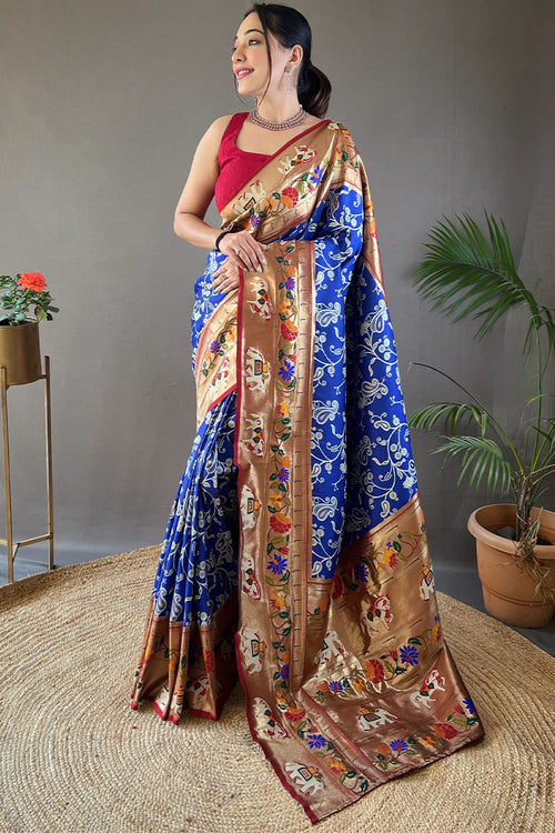 Load image into Gallery viewer, Captivating Royal Blue Paithani Silk Saree With Impressive Blouse Piece
