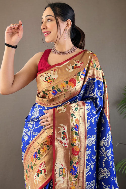 Load image into Gallery viewer, Captivating Royal Blue Paithani Silk Saree With Impressive Blouse Piece
