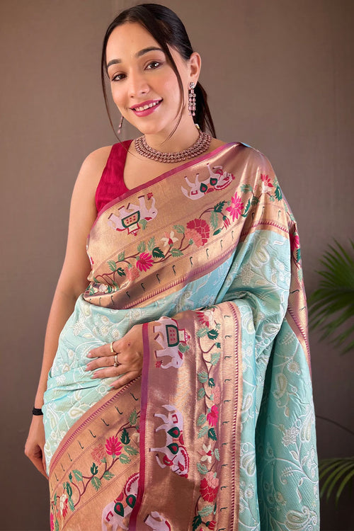 Load image into Gallery viewer, Wonderful Sky Paithani Silk Saree With Energetic Blouse Piece
