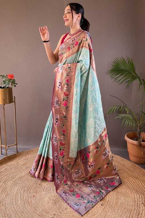 Load image into Gallery viewer, Wonderful Sky Paithani Silk Saree With Energetic Blouse Piece
