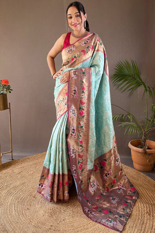 Load image into Gallery viewer, Wonderful Sky Paithani Silk Saree With Energetic Blouse Piece
