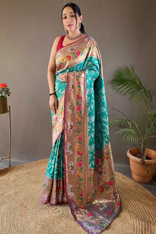 Load image into Gallery viewer, Precious Turquoise Paithani Silk Saree With Pretty Blouse Piece
