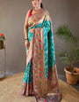 Precious Turquoise Paithani Silk Saree With Pretty Blouse Piece