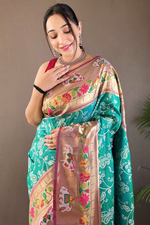 Load image into Gallery viewer, Precious Turquoise Paithani Silk Saree With Pretty Blouse Piece
