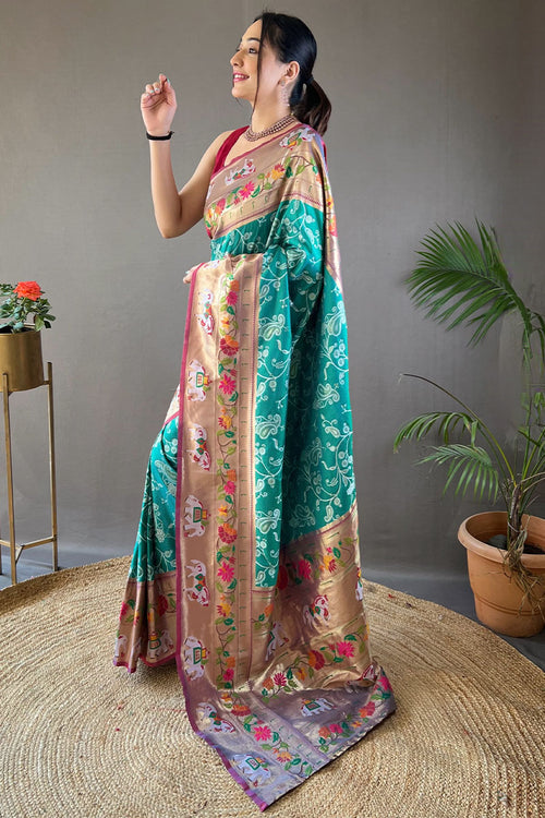 Load image into Gallery viewer, Precious Turquoise Paithani Silk Saree With Pretty Blouse Piece
