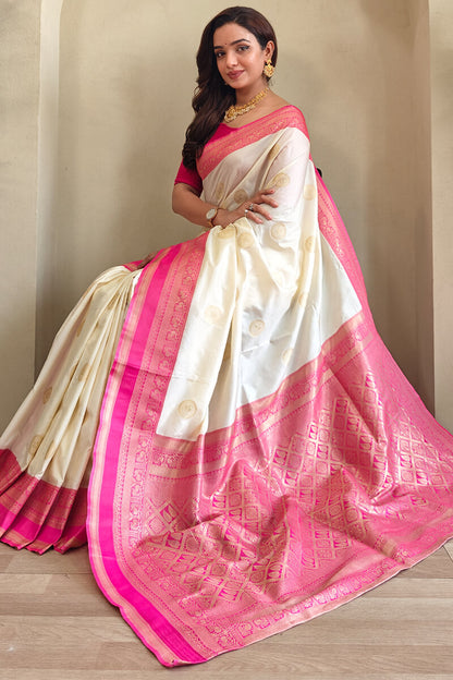 Innovative Beige Soft Banarasi Silk Saree With Desirable Blouse Piece