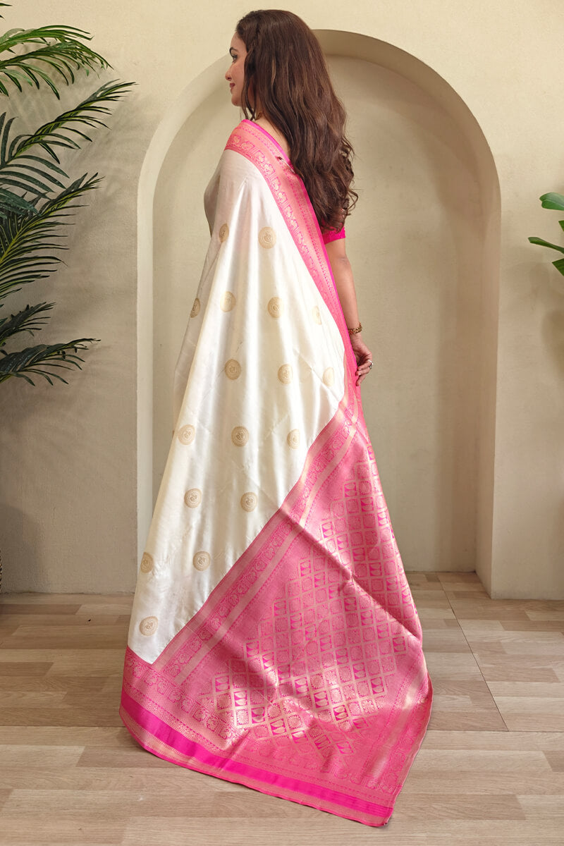Innovative Beige Soft Banarasi Silk Saree With Desirable Blouse Piece
