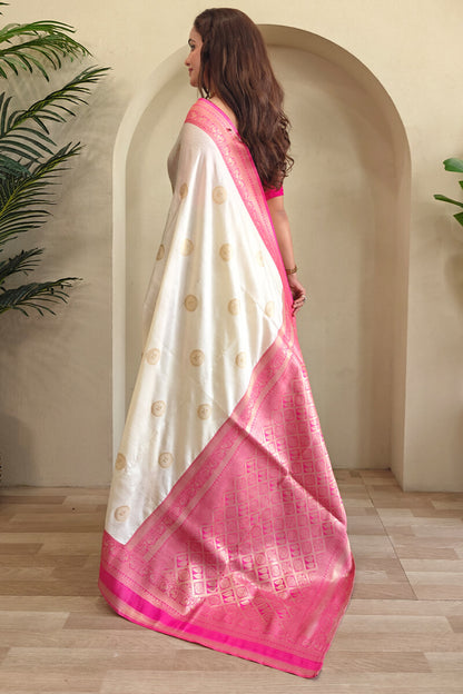 Innovative Beige Soft Banarasi Silk Saree With Desirable Blouse Piece