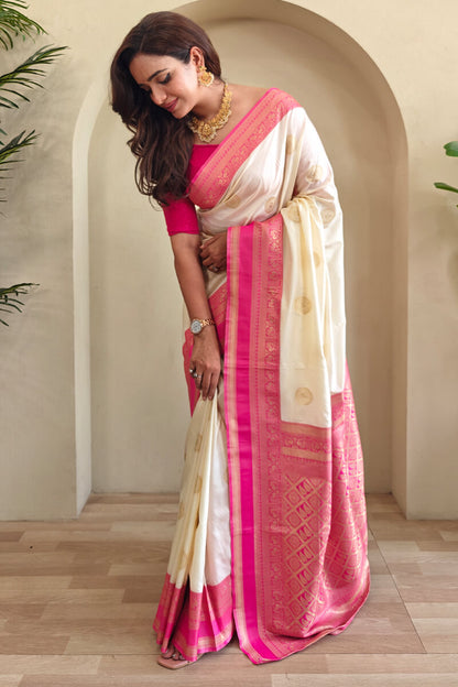 Innovative Beige Soft Banarasi Silk Saree With Desirable Blouse Piece