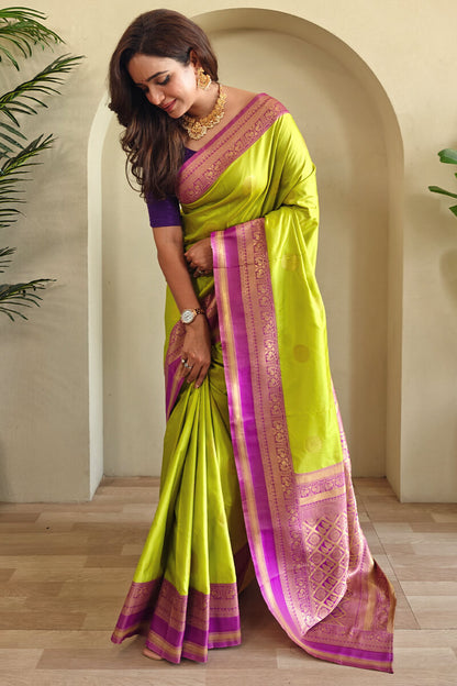Moiety Parrot Soft Banarasi Silk Saree With Vibrant Blouse Piece
