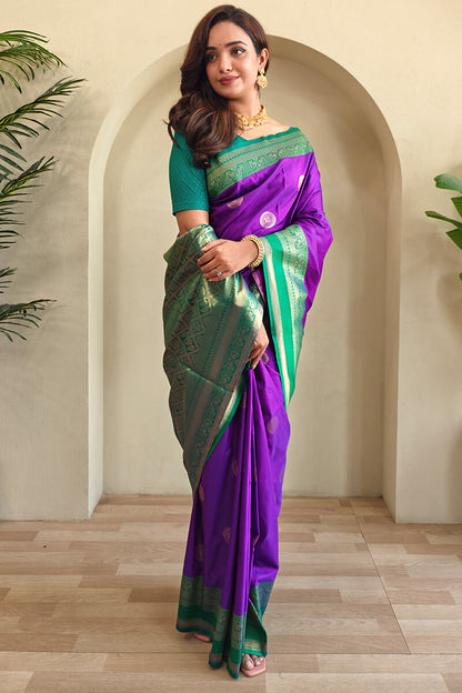 Winsome Purple Soft Banarasi Silk Saree With Beleaguer Blouse Piece