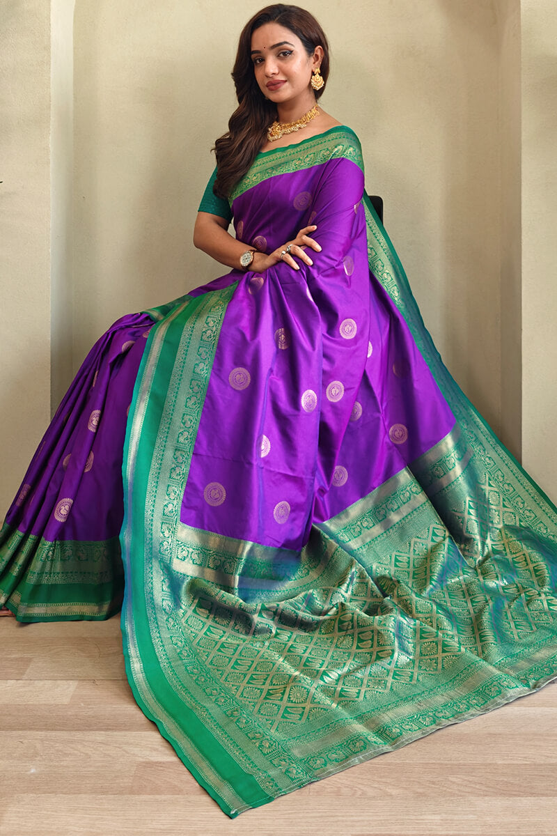 Winsome Purple Soft Banarasi Silk Saree With Beleaguer Blouse Piece