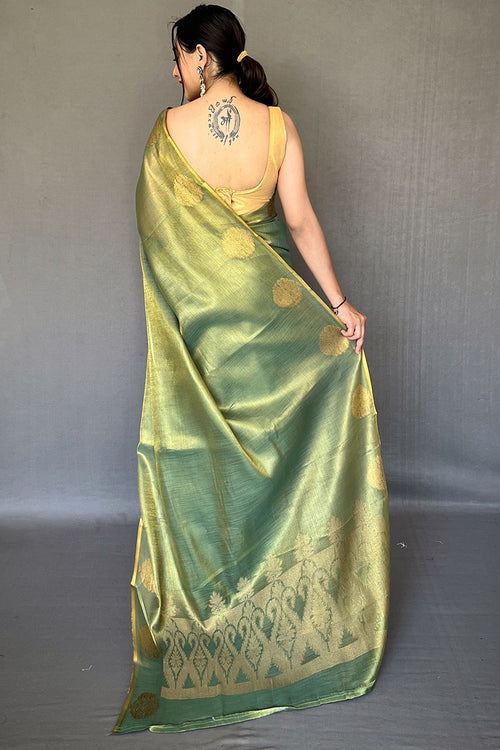 Load image into Gallery viewer, Ineffable Green Soft Banarasi Tissue Silk Saree With Nectarous Blouse Piece
