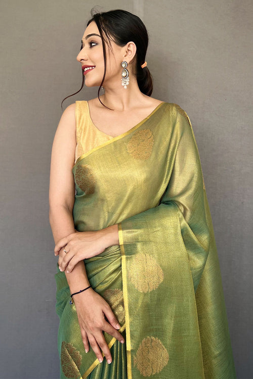 Load image into Gallery viewer, Ineffable Green Soft Banarasi Tissue Silk Saree With Nectarous Blouse Piece
