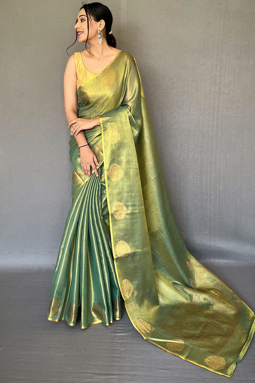 Load image into Gallery viewer, Ineffable Green Soft Banarasi Tissue Silk Saree With Nectarous Blouse Piece
