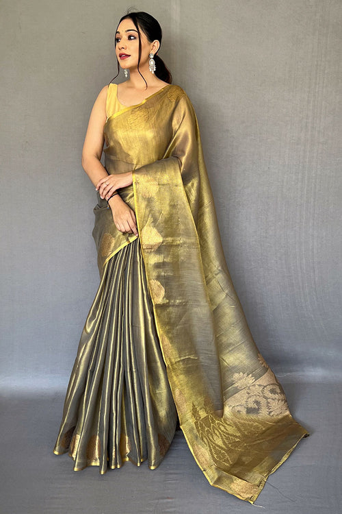 Load image into Gallery viewer, Aplomb Mehndi Soft Banarasi Tissue Silk Saree With Scintillating Blouse Piece
