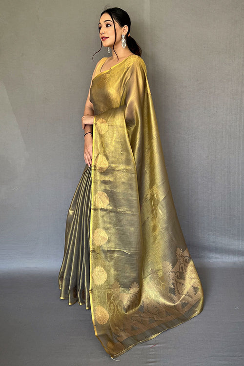 Load image into Gallery viewer, Aplomb Mehndi Soft Banarasi Tissue Silk Saree With Scintillating Blouse Piece
