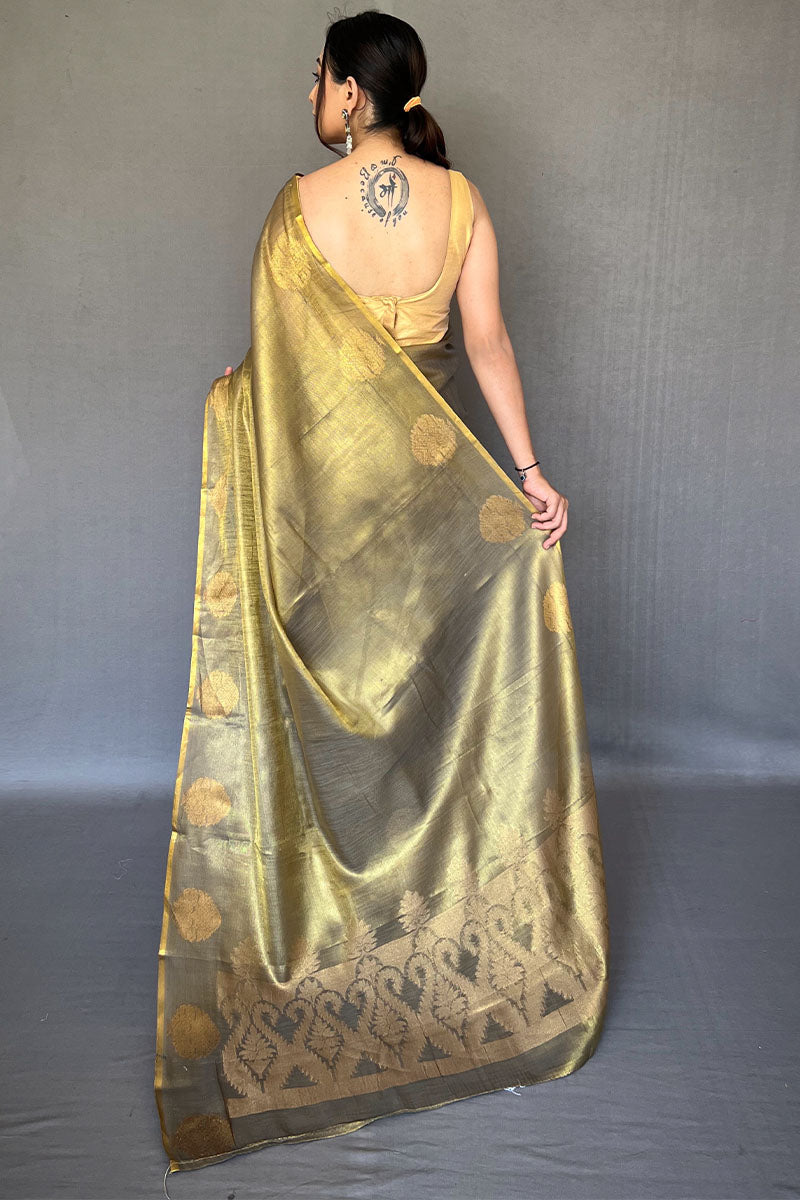 Aplomb Mehndi Soft Banarasi Tissue Silk Saree With Scintillating Blouse Piece