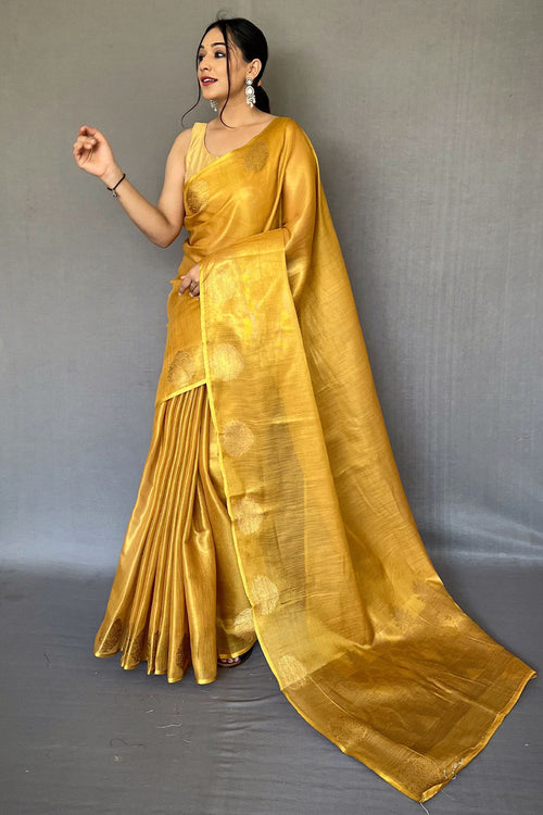 Load image into Gallery viewer, Vivacious Mustard Soft Banarasi Tissue Silk Saree With Inimitable Blouse Piece
