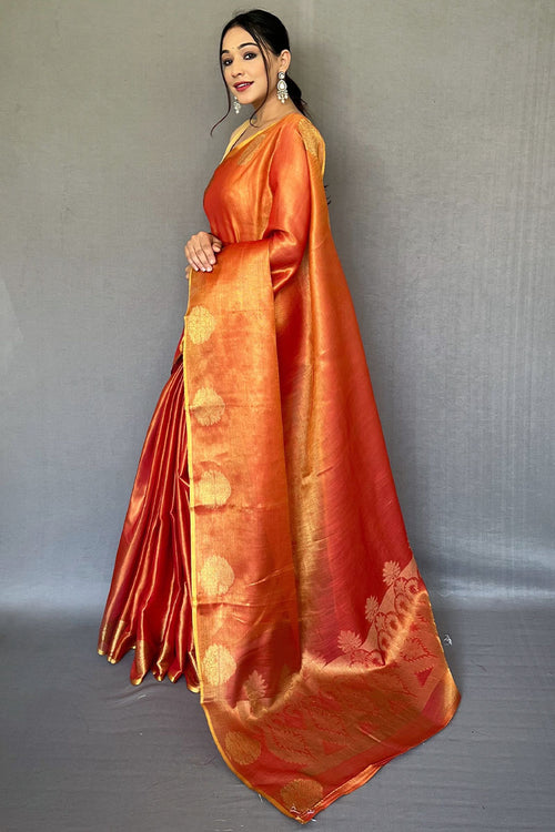 Load image into Gallery viewer, Opulent Orange Soft Banarasi Tissue Silk Saree With Luminous Blouse Piece
