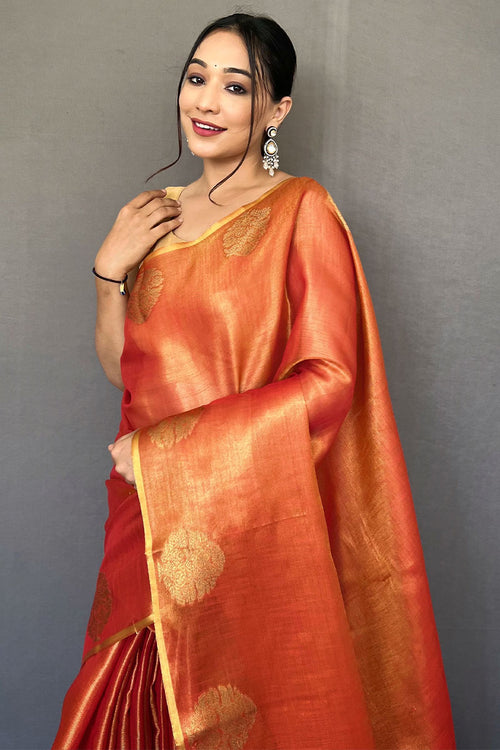 Load image into Gallery viewer, Opulent Orange Soft Banarasi Tissue Silk Saree With Luminous Blouse Piece
