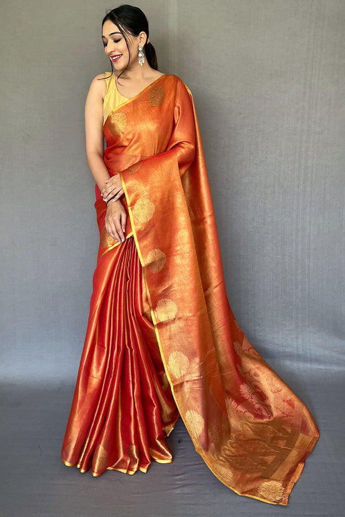 Load image into Gallery viewer, Opulent Orange Soft Banarasi Tissue Silk Saree With Luminous Blouse Piece
