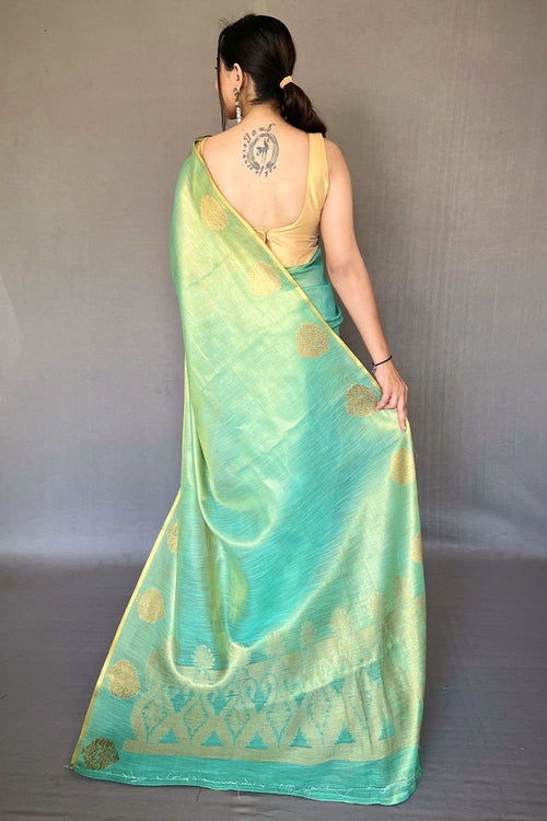 Load image into Gallery viewer, Grandiose Turquoise Soft Banarasi Tissue Silk Saree With Verdant Blouse Piece
