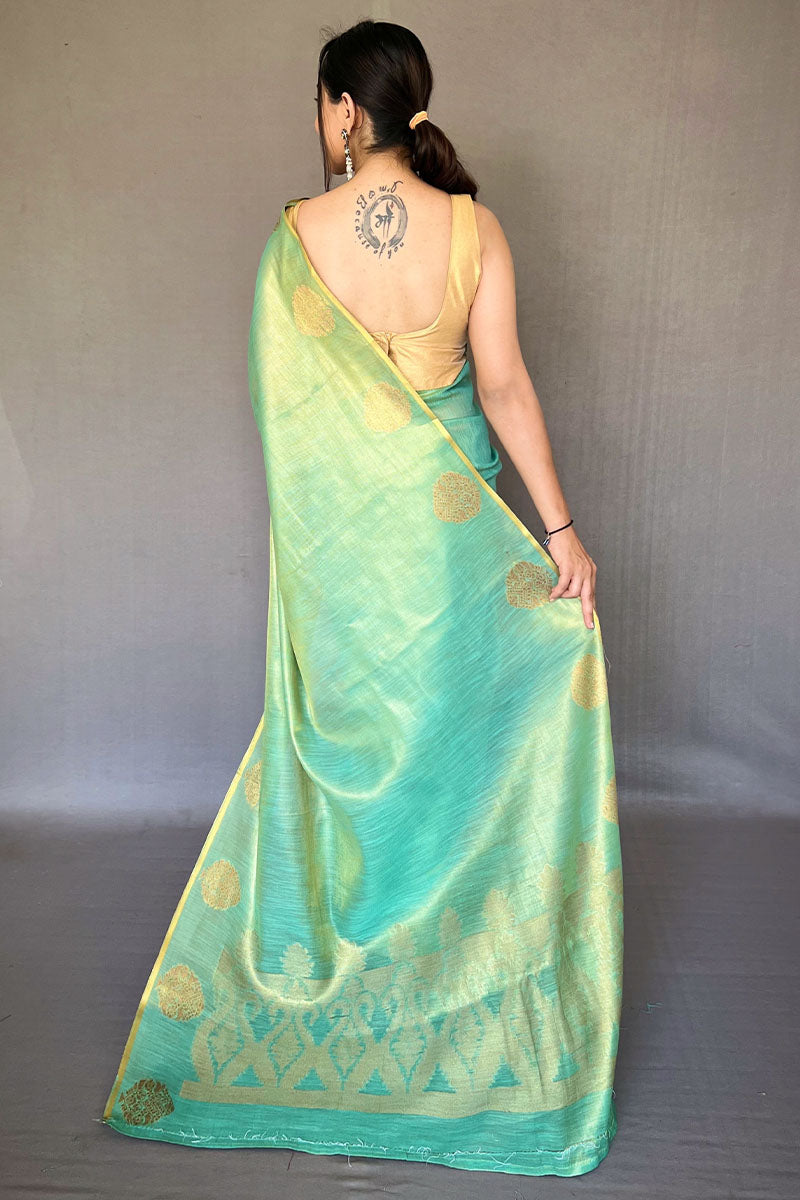 Grandiose Turquoise Soft Banarasi Tissue Silk Saree With Verdant Blouse Piece