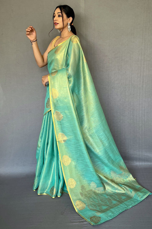 Load image into Gallery viewer, Grandiose Turquoise Soft Banarasi Tissue Silk Saree With Verdant Blouse Piece
