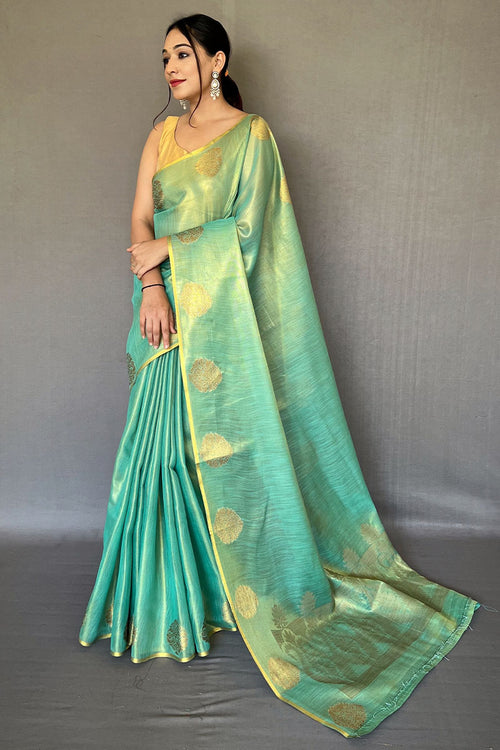 Load image into Gallery viewer, Grandiose Turquoise Soft Banarasi Tissue Silk Saree With Verdant Blouse Piece
