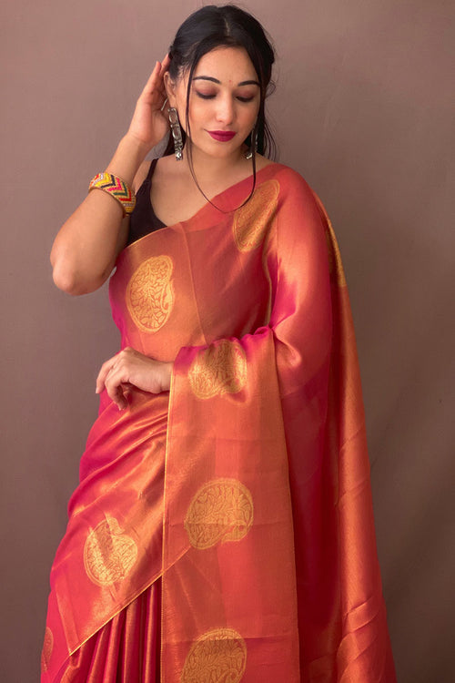 Load image into Gallery viewer, Classy Dark Pink Soft Banarasi Tissue Silk Saree With Gleaming Blouse Piece
