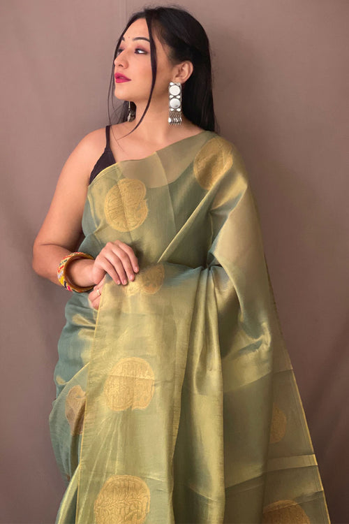 Load image into Gallery viewer, Precious Green Soft Banarasi Tissue Silk Saree With Stylish Blouse Piece
