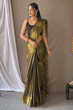 Dazzling Mehndi Soft Banarasi Tissue Silk Saree With Impressive Blouse Piece