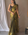 Dazzling Mehndi Soft Banarasi Tissue Silk Saree With Impressive Blouse Piece