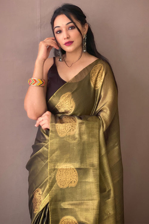 Load image into Gallery viewer, Dazzling Mehndi Soft Banarasi Tissue Silk Saree With Impressive Blouse Piece
