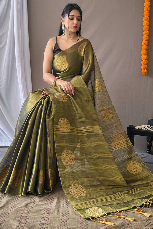 Load image into Gallery viewer, Dazzling Mehndi Soft Banarasi Tissue Silk Saree With Impressive Blouse Piece
