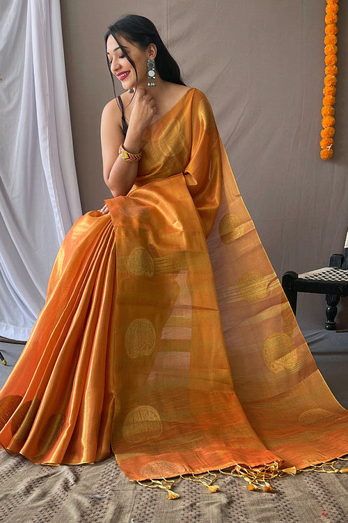 Load image into Gallery viewer, Flameboyant Orange Soft Banarasi Tissue Silk Saree With Flameboyant Blouse Piece
