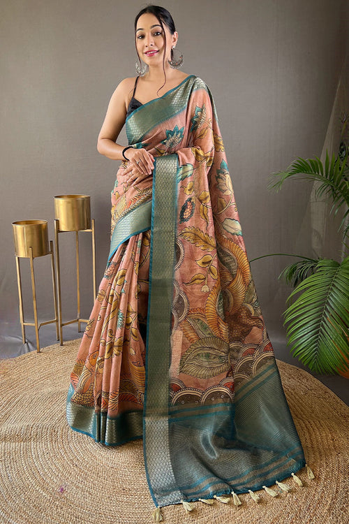 Load image into Gallery viewer, Zephyr Brown Kalamkari Printed Saree With Enthralling Blouse Piece
