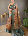 Zephyr Brown Kalamkari Printed Saree With Enthralling Blouse Piece