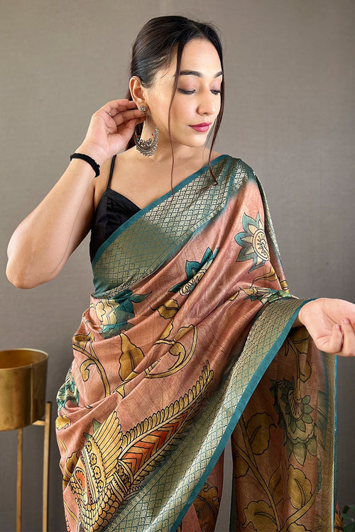 Load image into Gallery viewer, Zephyr Brown Kalamkari Printed Saree With Enthralling Blouse Piece
