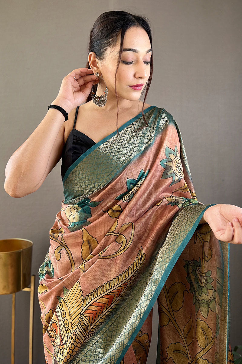 Zephyr Brown Kalamkari Printed Saree With Enthralling Blouse Piece