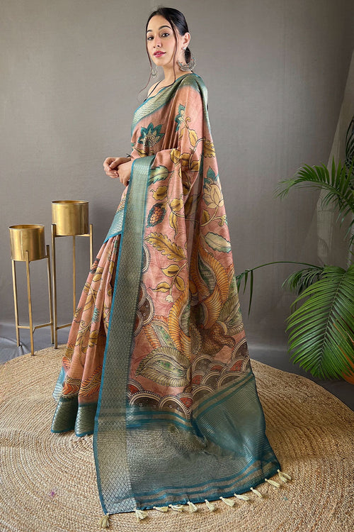 Load image into Gallery viewer, Zephyr Brown Kalamkari Printed Saree With Enthralling Blouse Piece
