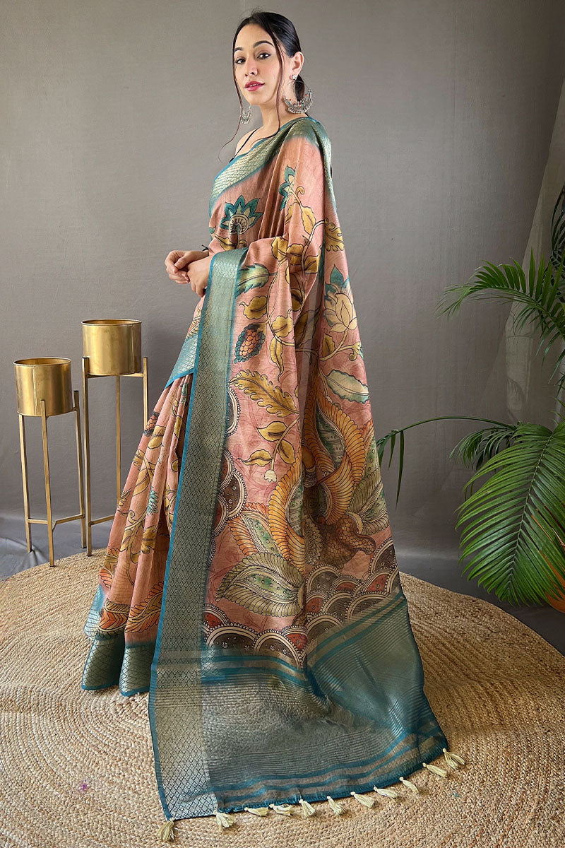 Zephyr Brown Kalamkari Printed Saree With Enthralling Blouse Piece