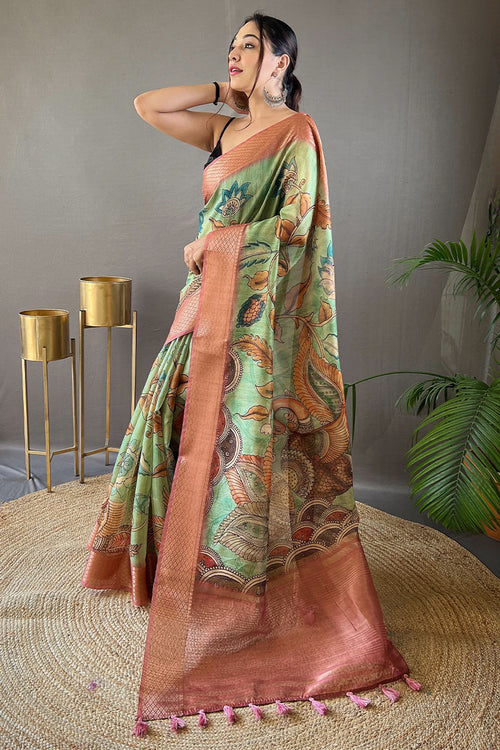 Load image into Gallery viewer, Majestic Green Kalamkari Printed Saree With Whimsical Blouse Piece
