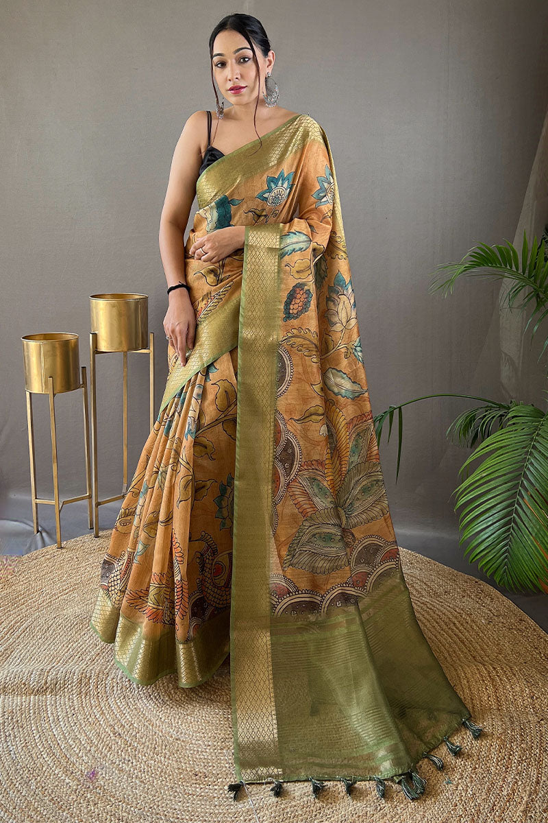 Exemplary Mustard Kalamkari Printed Saree With Inimitable Blouse Piece