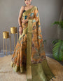 Exemplary Mustard Kalamkari Printed Saree With Inimitable Blouse Piece